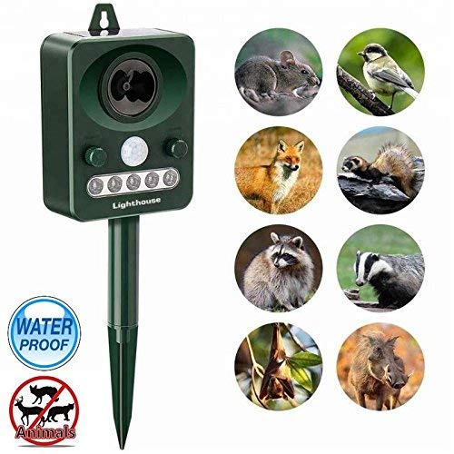New Outdoor Waterproof Solar Powered Ultrasonic Animal Repeller with Motion Sensor and Flashing Light, Repel Cats, Birds, Bats, Foxes, Skunks, Racoons etc.