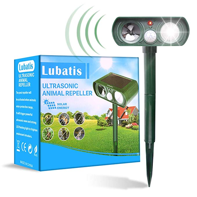 Lubatis Ultrasonic Animal Repeller, Outdoor Solar Powered Animal Repellent with Motion Activated PIR Sensor and Flashing Lights Repel Cats, Dogs, Foxes, Birds, Skunks and More, Waterproof